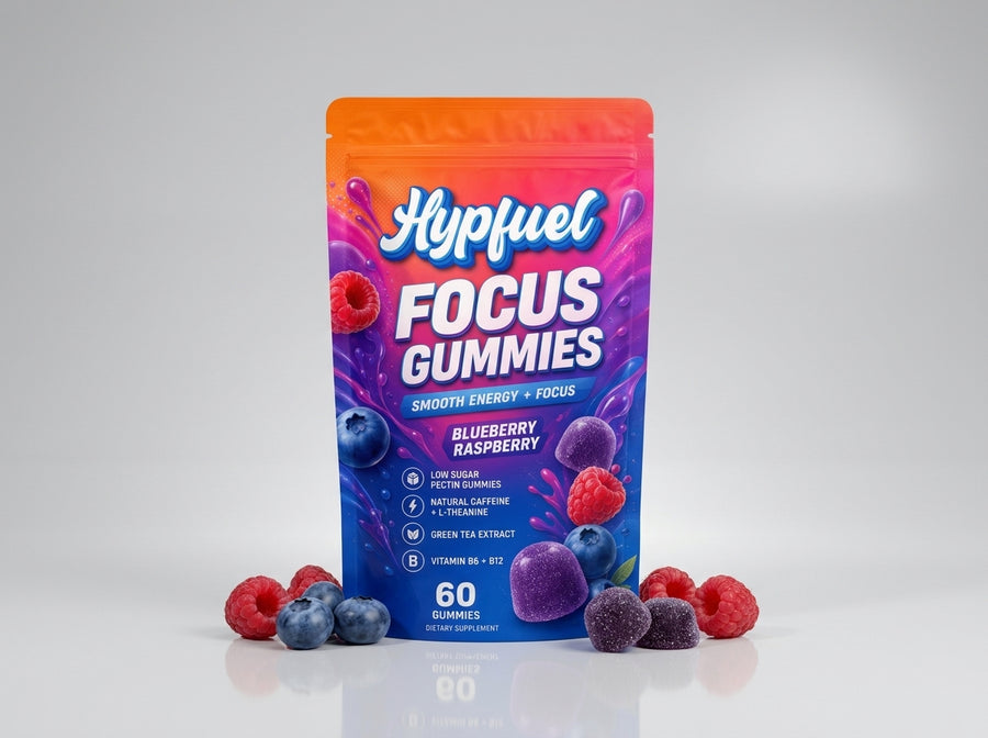 Hypfuel Focus Gummies bag front view, teal and dark blue packaging
