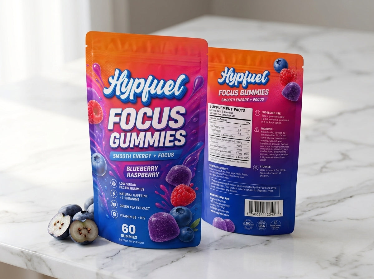 Hypfuel Focus Gummies bag on white marble surface